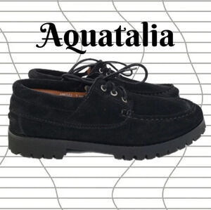 Aquatalia Black Italian Suede Oxford Preppy Lace Up Chunky Heels Shoes Size 7.5M